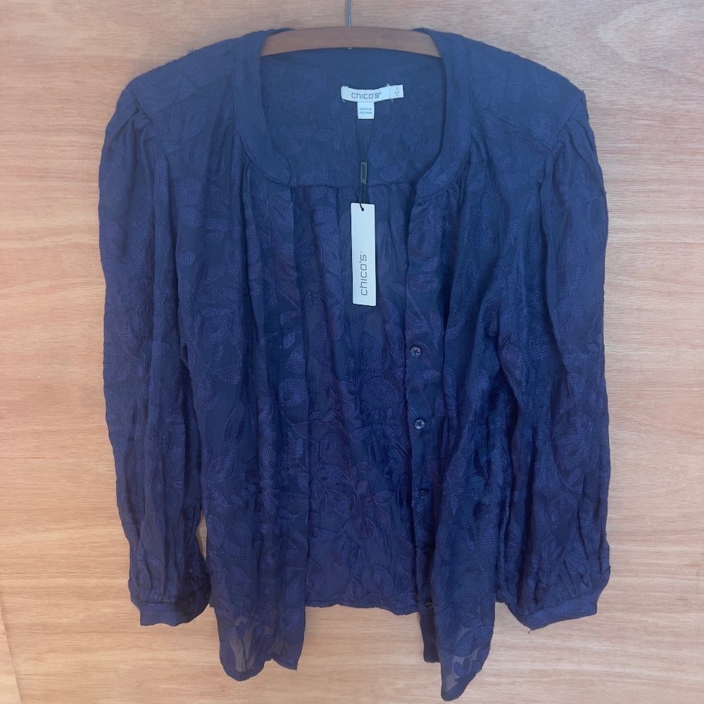 NWT Chico's embroidered button blouse sz 1 US 8 medieval blue puff sleeve sheer